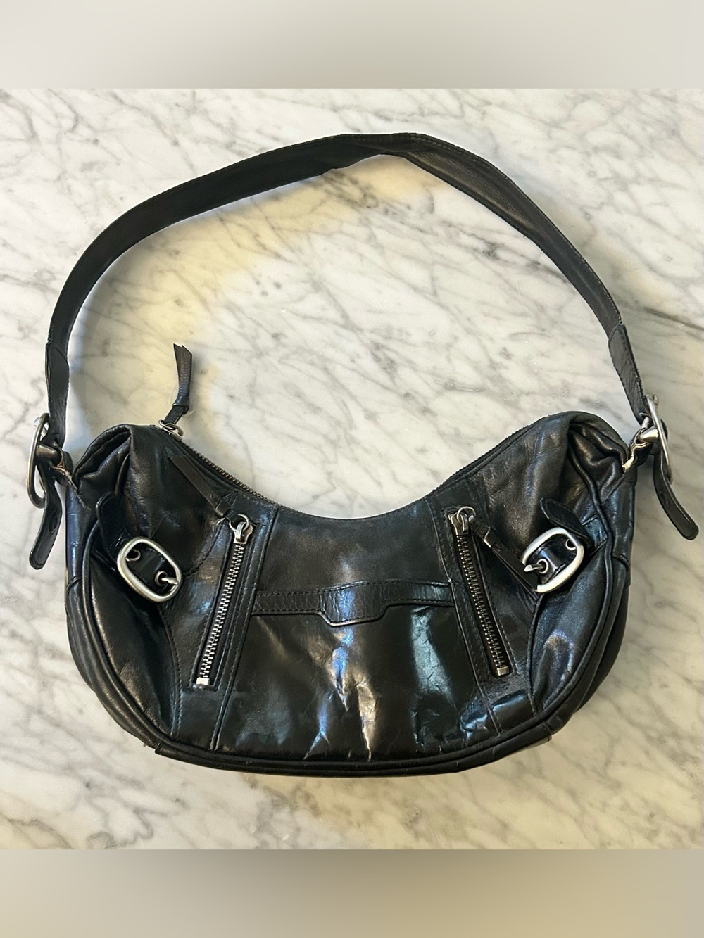 DKNY Black Leather Hobo Shoulder Bag with Silver Hardware